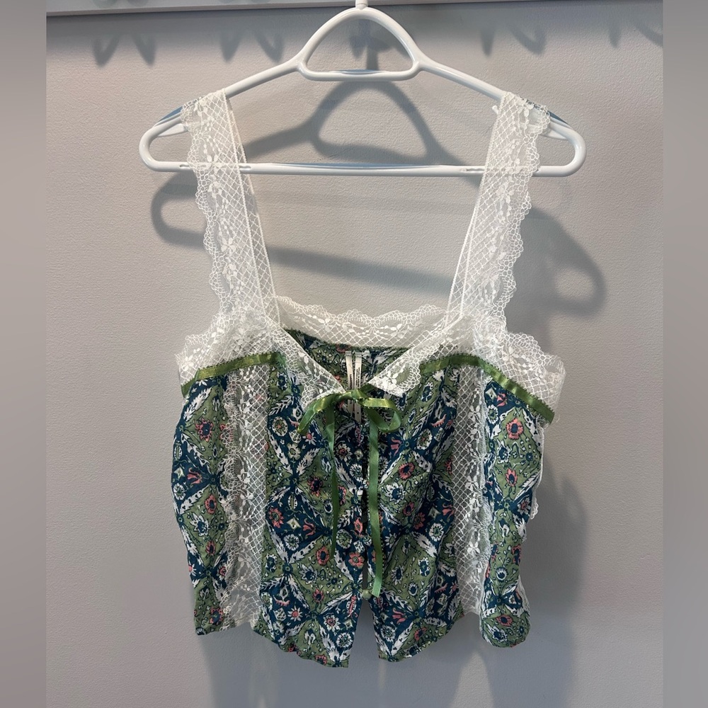 Anthropologie Green and Blue Floral Lace Blouse NWOT